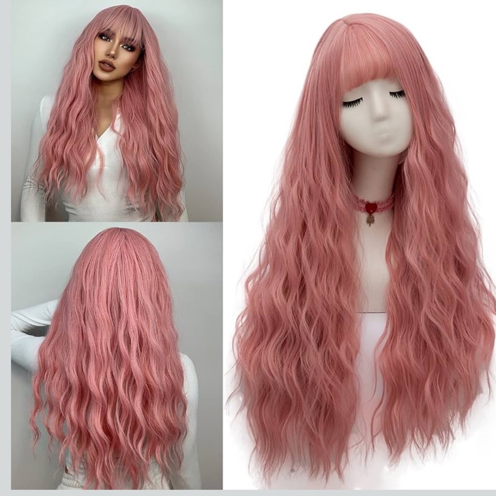 Pink Wig Long Fluffy Curly Wavy Hair Wigs  Heat Friendly Synthetic Cosplay